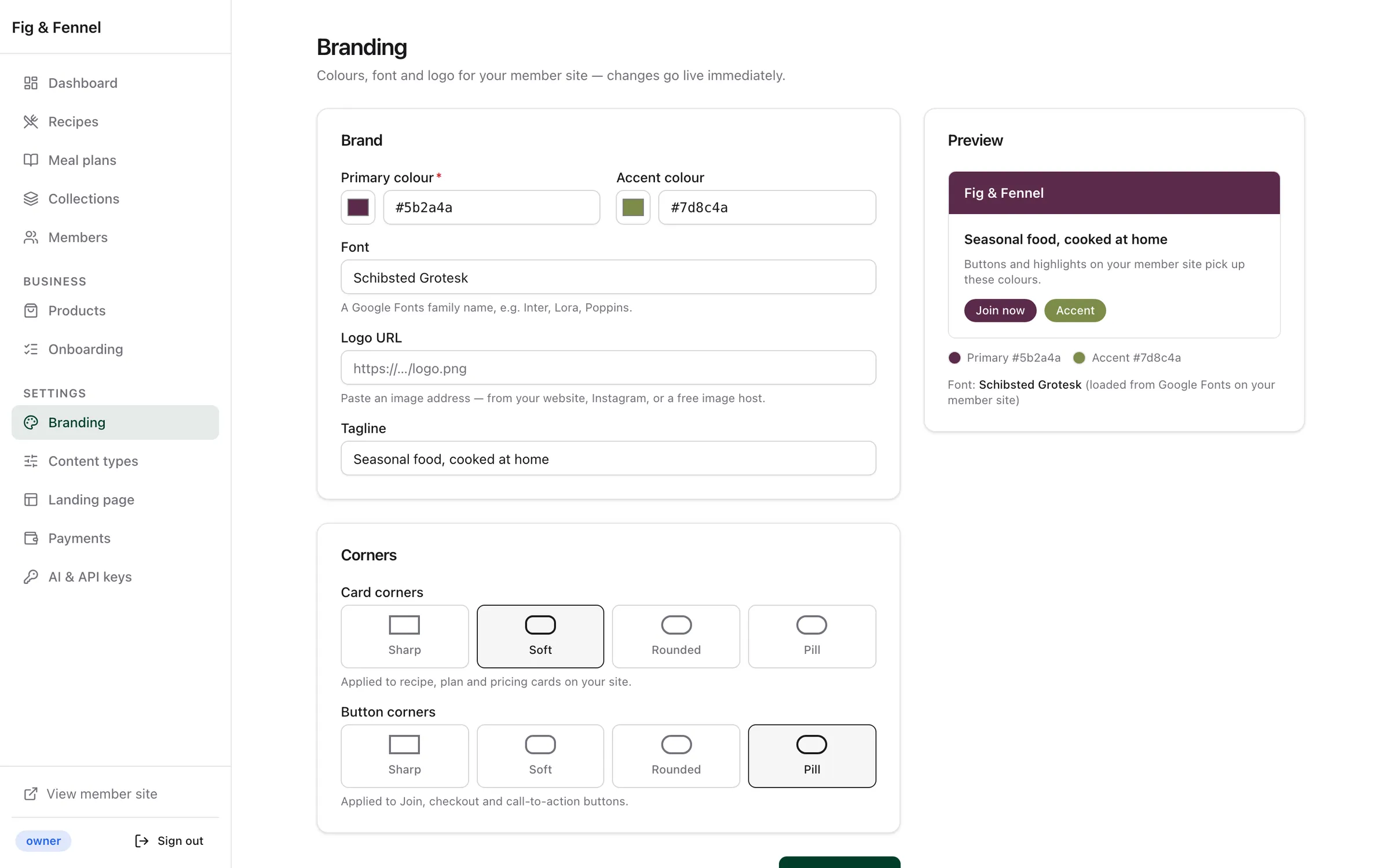 Branding settings in the creator dashboard, with colour, font and corner options and a live preview