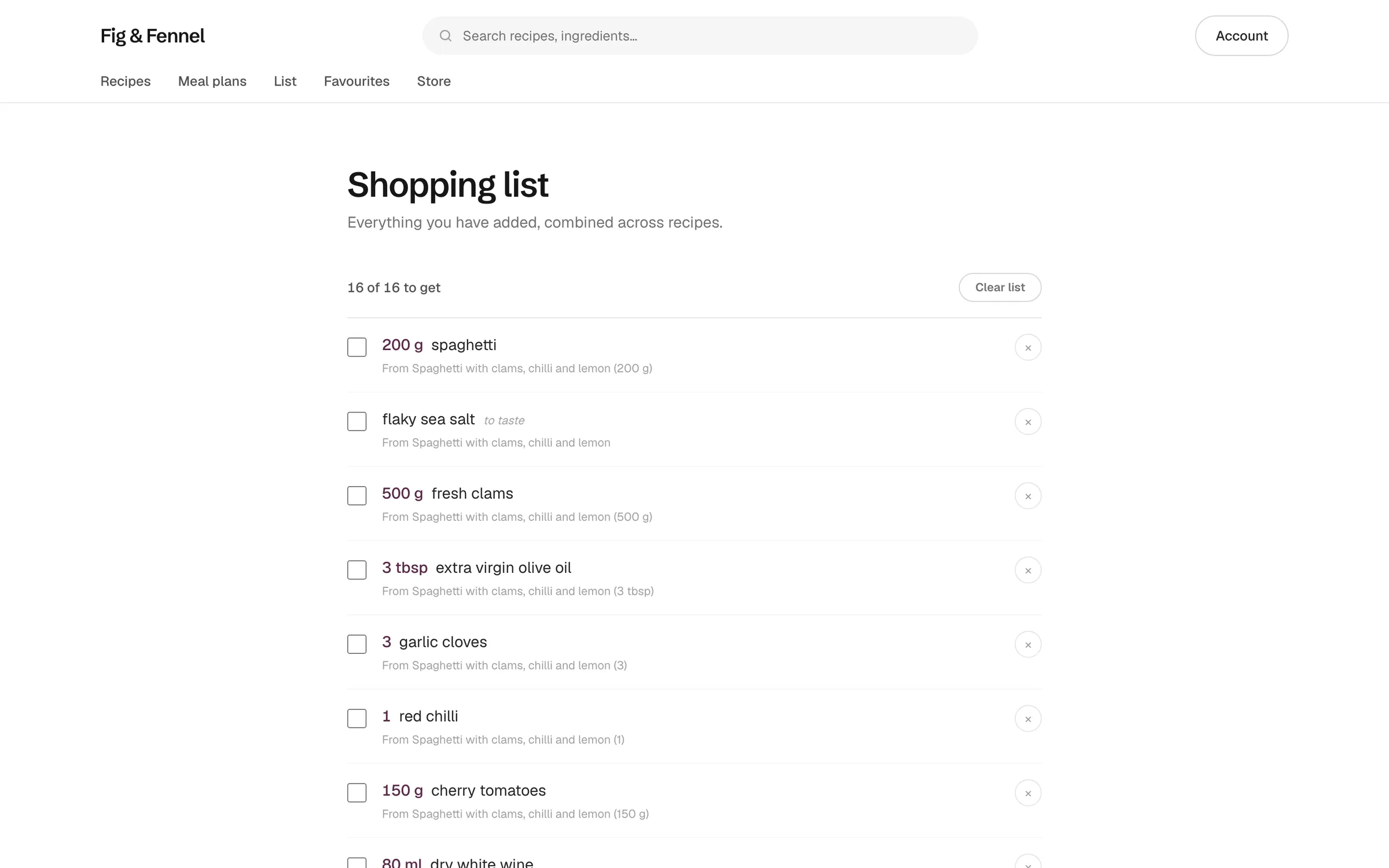A combined shopping list built from two recipes, with quantities and the recipe each item came from