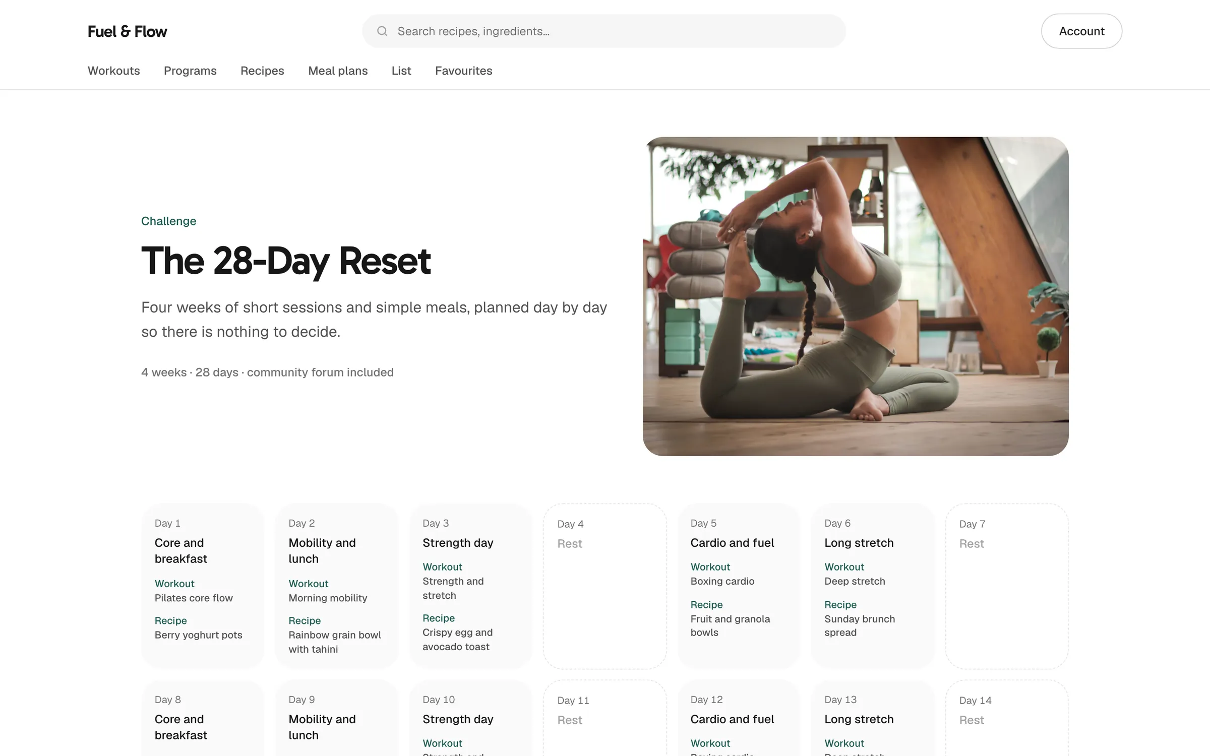 A 28-day program on Fuel & Flow where each day pairs a workout with a recipe