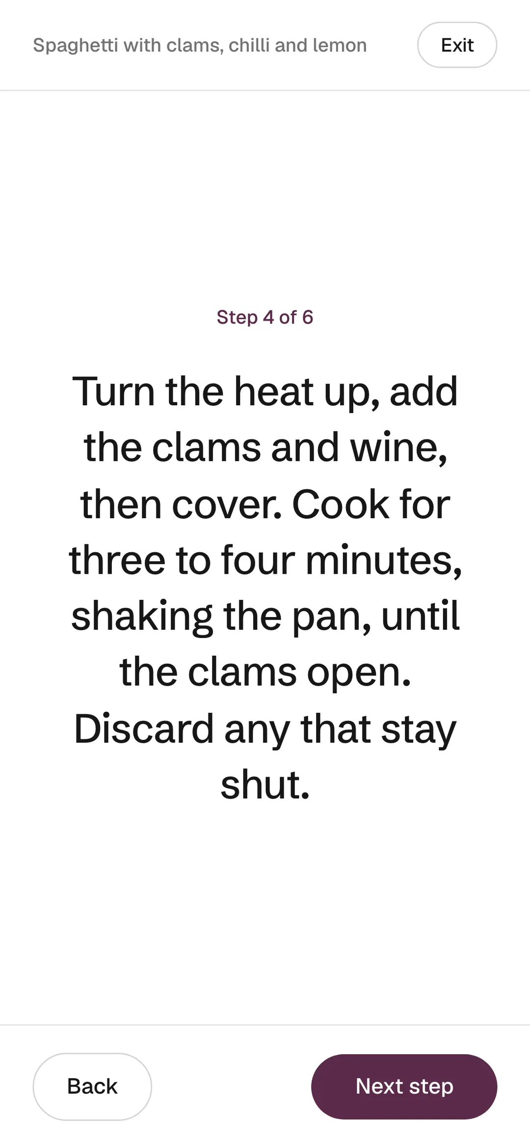 Cook mode on a phone, showing one large step at a time with back and next buttons