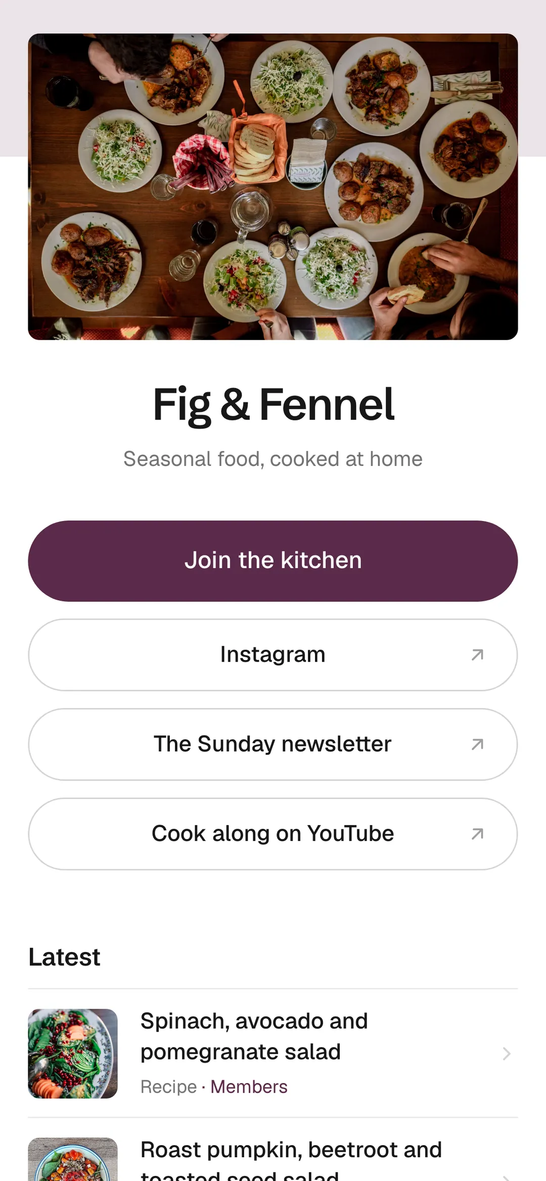 The Fig & Fennel link page on a phone, with a join button, three links and the latest recipes