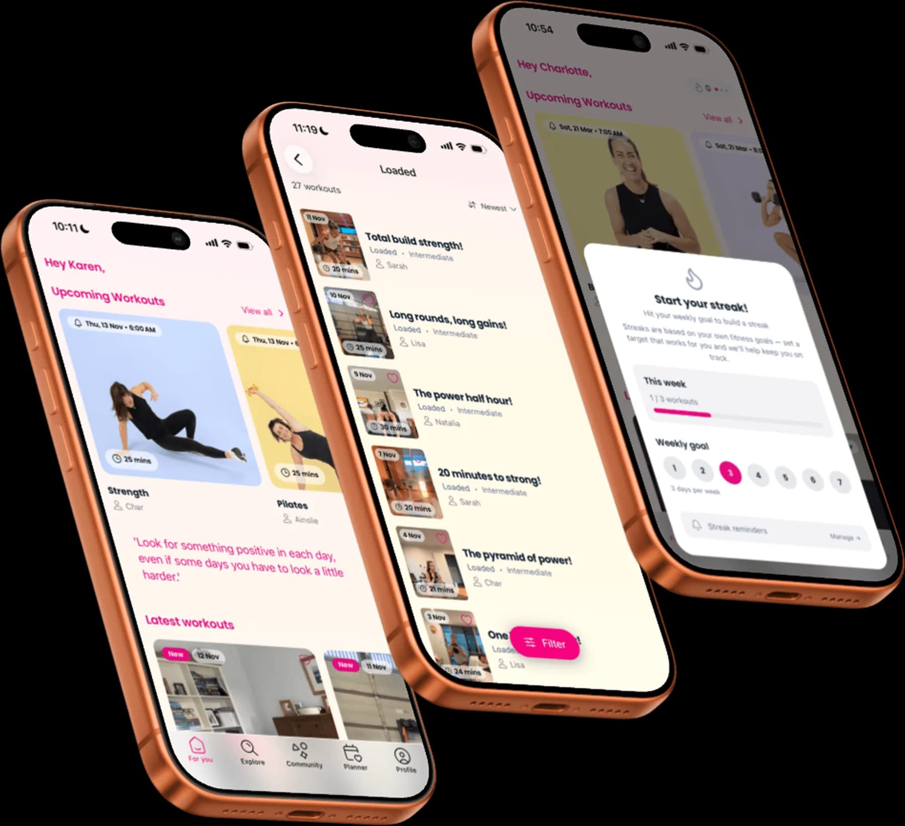Three phones showing the Move it Mama app: upcoming workouts, a program and a streak