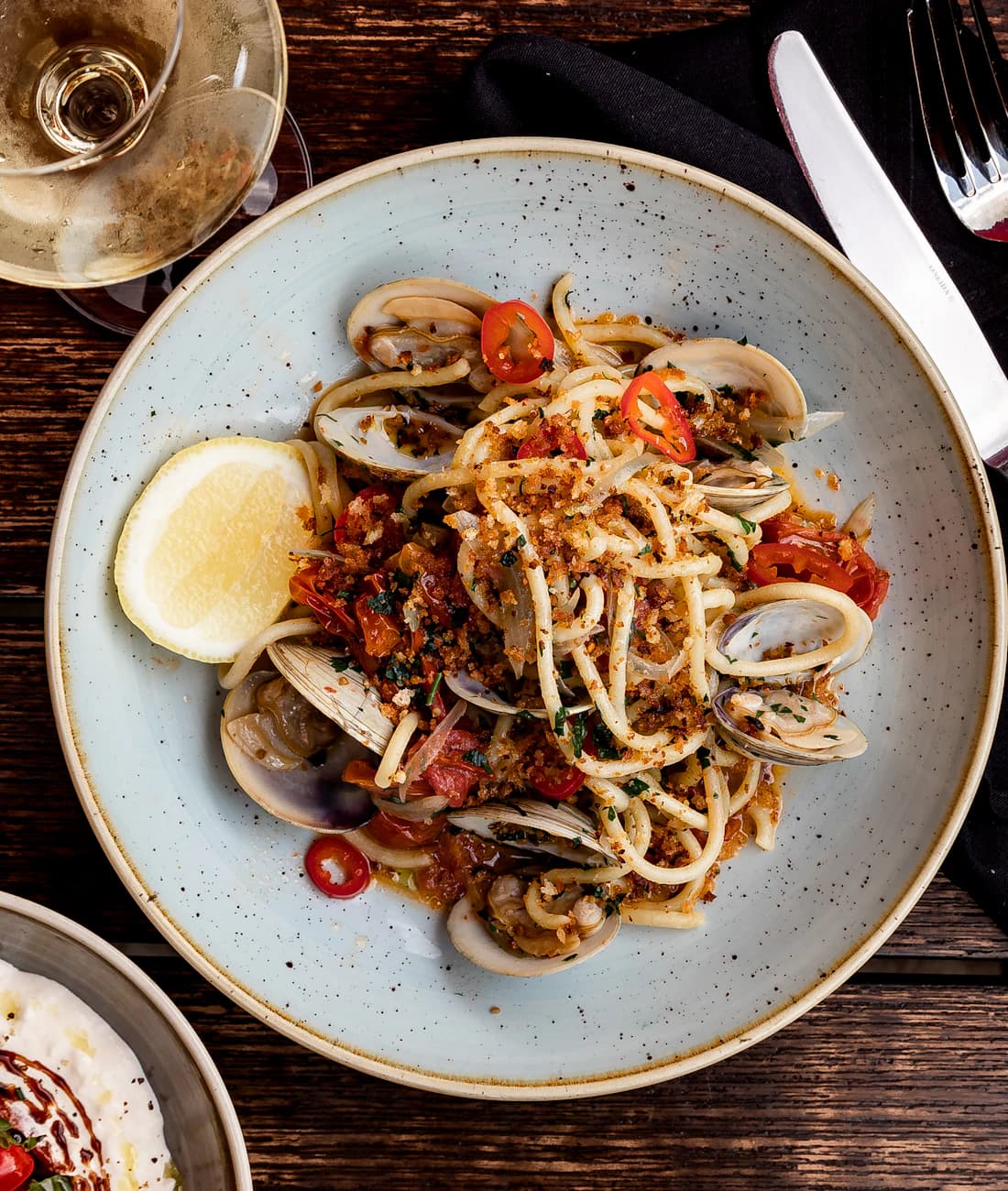 Spaghetti with clams, chilli and lemon