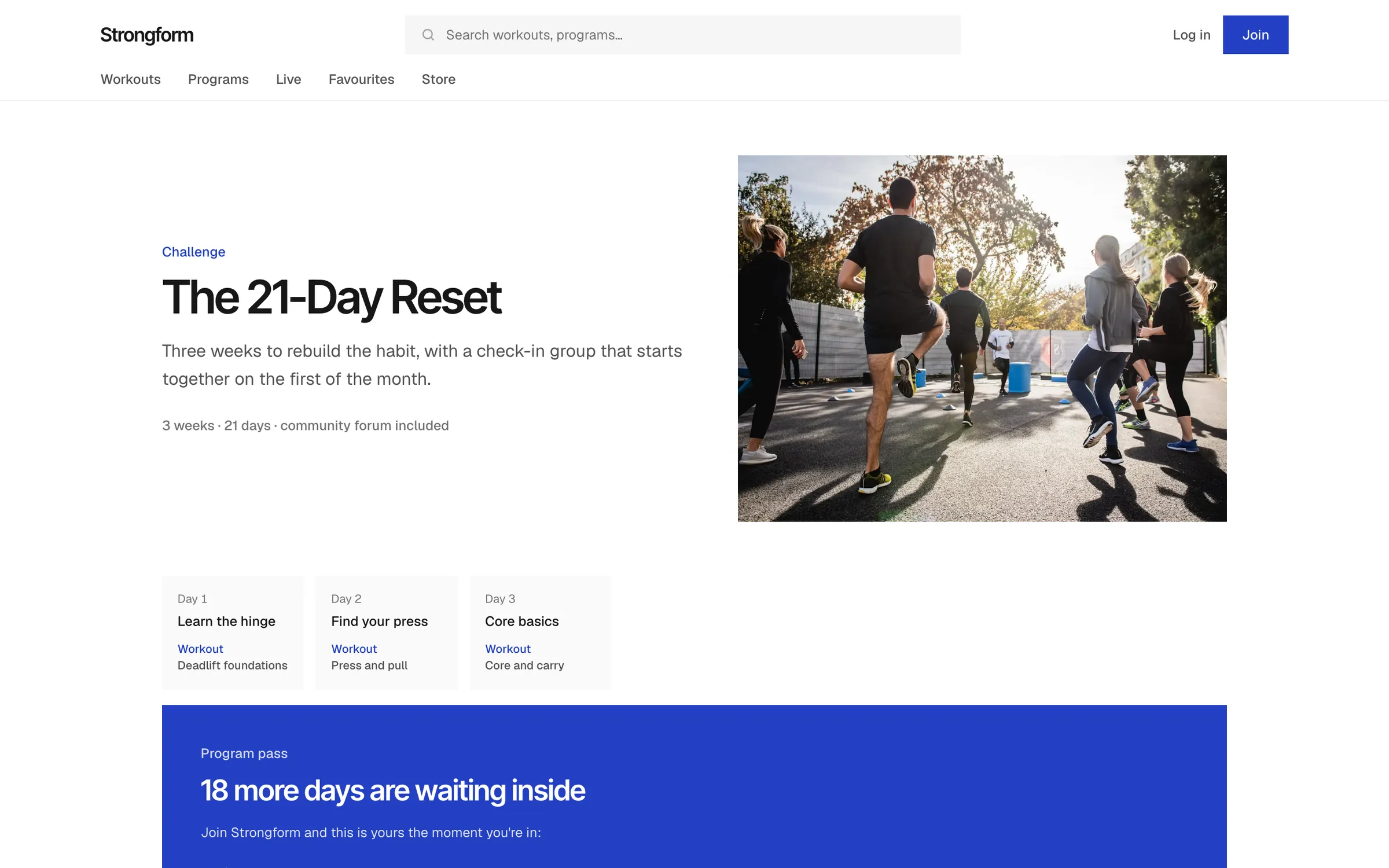 A 21-day challenge page with its first days visible and an offer to buy the pass